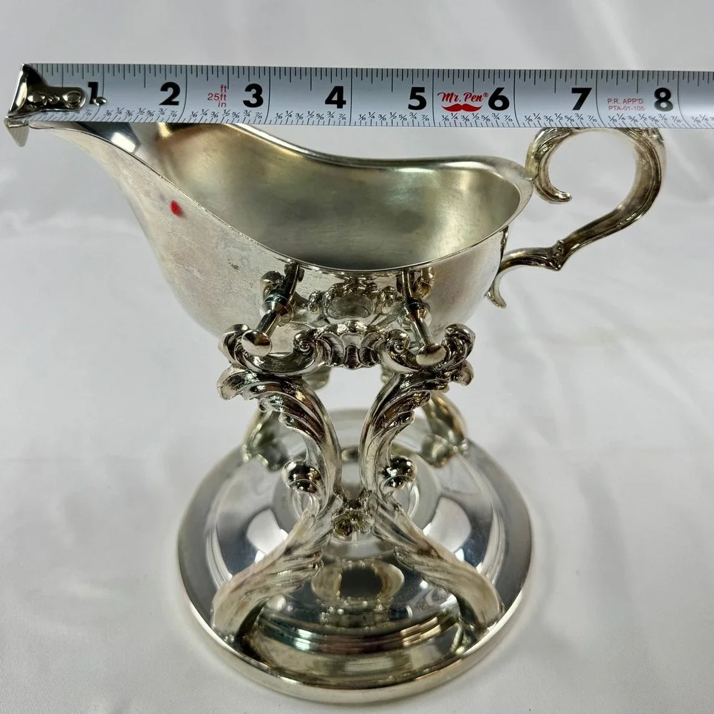 Vintage Ornate Silver Plate Tilting Gravy Boat w/ Rococo Scroll Stand Bridgerton